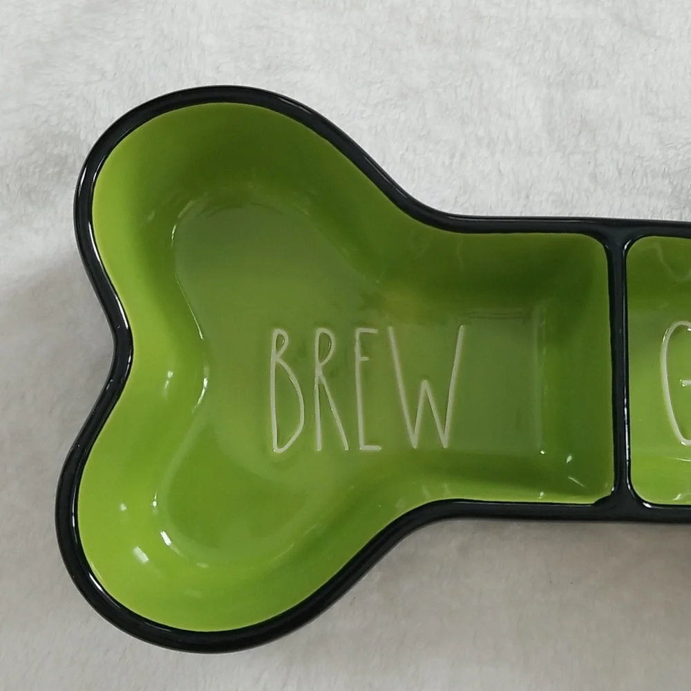 Rae Dunn Brew and Gruel Pet Bowl Bone shape green black